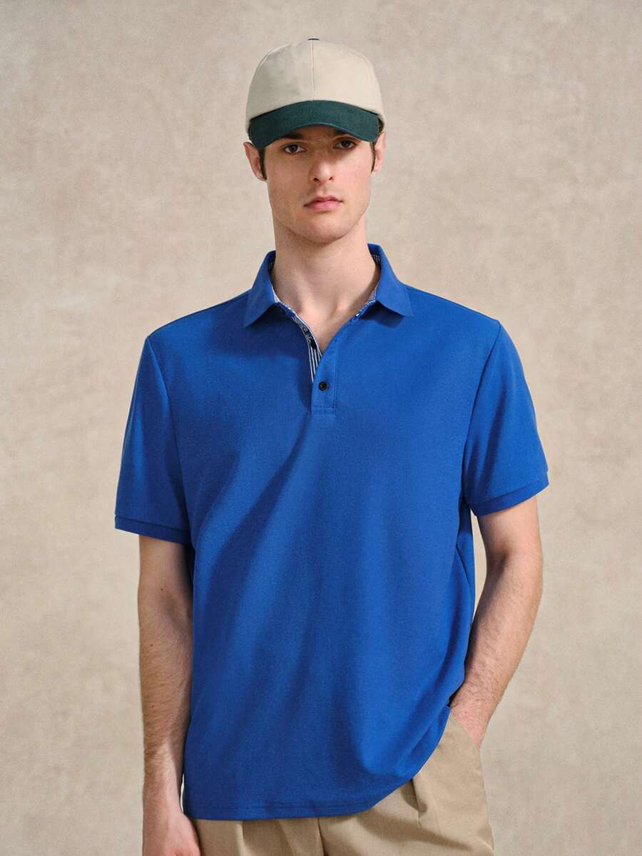 Courvante Men's Solid Color Daily Polo Shirt, Stripe Short Sleeve Blue, For Golf Tennis, Business Commute & Boyfriend - Blue - View 1