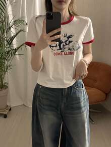 DAZY 女士撞色滚边圆领短袖可爱兔子印花T恤 - 白色 - 查看 6