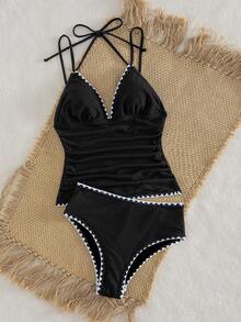 Swim Vcay Baju Renang Tankini Wanita Terbaru dengan Kain Bertekstur, Garis Dekoratif Hitam, dan Desain Pinggang Berkerut, Bikini Tali Tipis untuk Liburan - Hitam - View 5