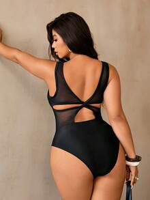 Auralis 大码网纱拼接扭结露背连体泳衣 - 黑色 - 查看 2