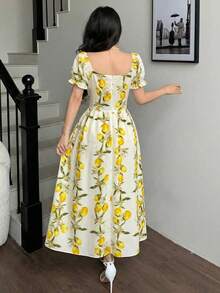 SHEIN Vestido largo con estampado floral, mangas de globo, cintura con lazo y encaje patchwork para mujer - Amarillo - Ver 3