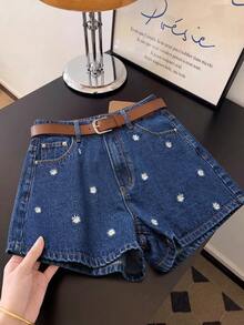 GlowEve 女士刺绣牛仔短裤，夏季 - 深色水洗藍 - 查看 2