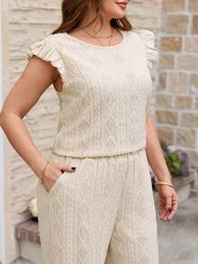 SHEIN Clasi Spring/Summer Women's Khaki Cap Sleeve Shirt With Elastic Waist Wide Leg Pants 2-Piece Set, Elegant Daily Outfit For Plus Size - Multicolor - View 6