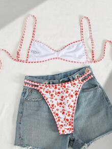 Swim Mod 春夏新款欧美甜美花卉拼接格纹流苏双面两件式泳衣套装，系带挂脖比基尼上衣和高腰泳裤，白色背景碎花图案，性感比基尼泳装，适合海滩、度假、生日派对等场合 - 彩色 - 查看 3