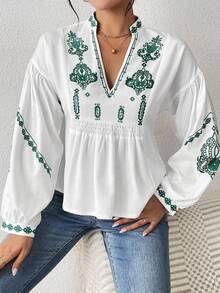 EMERY ROSE Women's Shirred Graphic Print Long Sleeve Button Shirt Peplum Top - Green - View 5