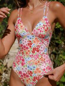 Swim Mod Áo tắm liền thân gợi cảm màu hồng họa tiết hoa nhí dành cho nữ, dây mảnh, thích hợp cho kỳ nghỉ biển. - Hồng - Xem 4