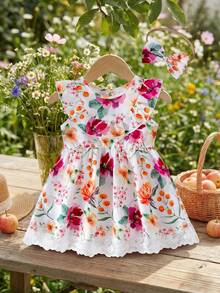 SHEIN Vintaside Kids 女嬰白色花卉蕾絲飾邊洋裝，可愛夏季度假熱帶海灘休閒荷葉袖派對復活節穿搭 - 白色 - 查看 4