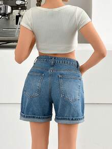 SHEIN 高腰卷边浅蓝色都市款牛仔女短裤 - 淺色水洗藍 - 查看 2