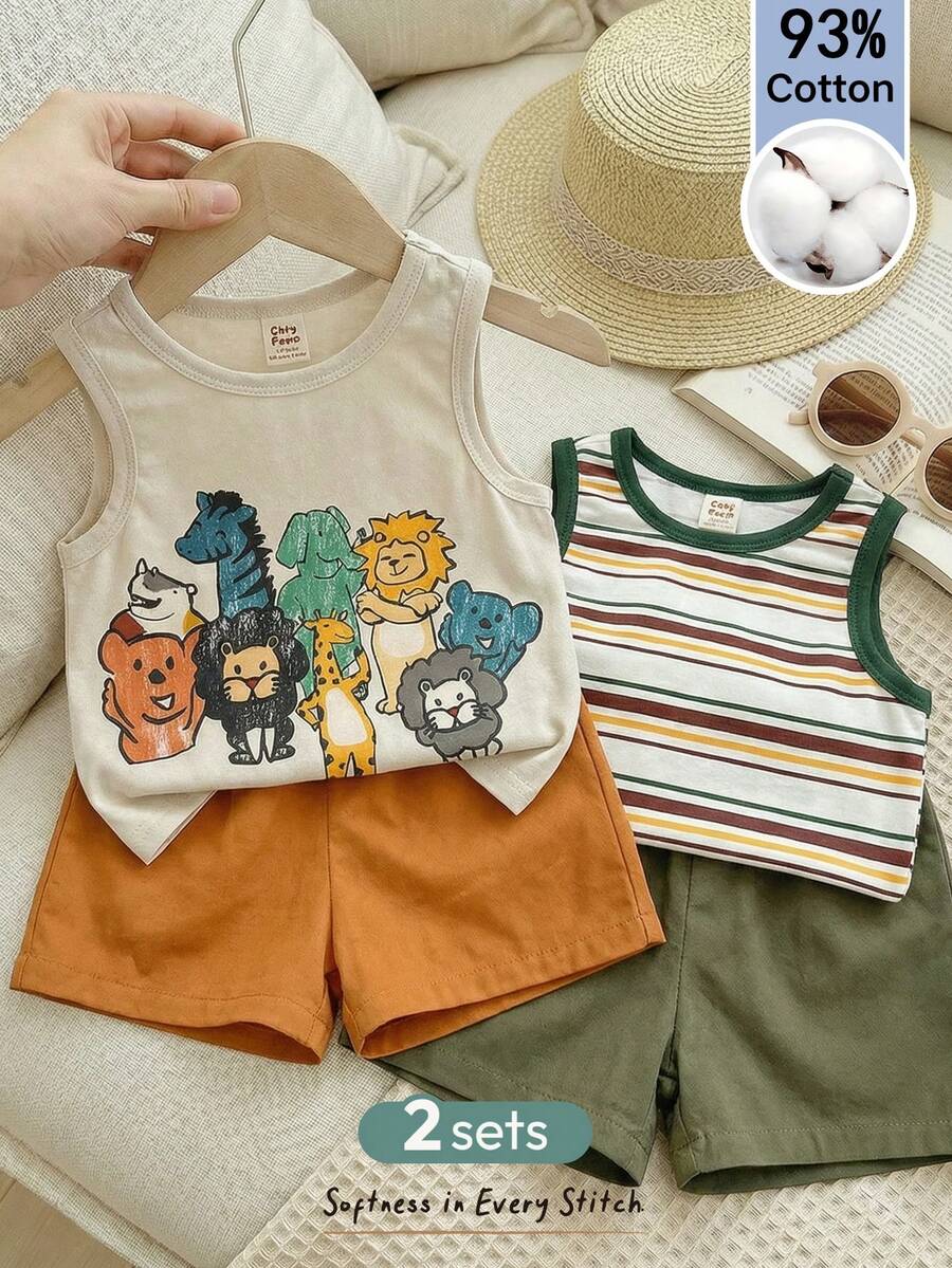 Cozy Pixies 4 قطع/مجموعة ملابس أطفال جنسين، ملابس صيفية كاجوال للعطلات بتصميم كرتوني للحيوانات والخطوط، سترة وشورت مجموعة ملابس أساسية متعددة الألوان - متعدد الألوان - مشاهدة 1