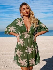 Swim Lushoire 女士沙滩度假连衣裙，V领印花收腰七分袖罩衫连衣裙，春夏款 - 綠色 - 查看 4