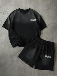 PAVTROS Men's Casual Letter Print Ombre T-Shirt And Shorts Set, Summer - Black - View 4