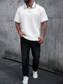 EGENSIO 男士加大码休闲白色滚边短袖Polo衫，夏季款 - 白色 - 查看 6