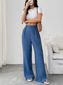 SHEIN PETITE Women's Elegant Vacation French Style Linen-Look Blue Pants, Suitable For Commuting - Blue - View 7