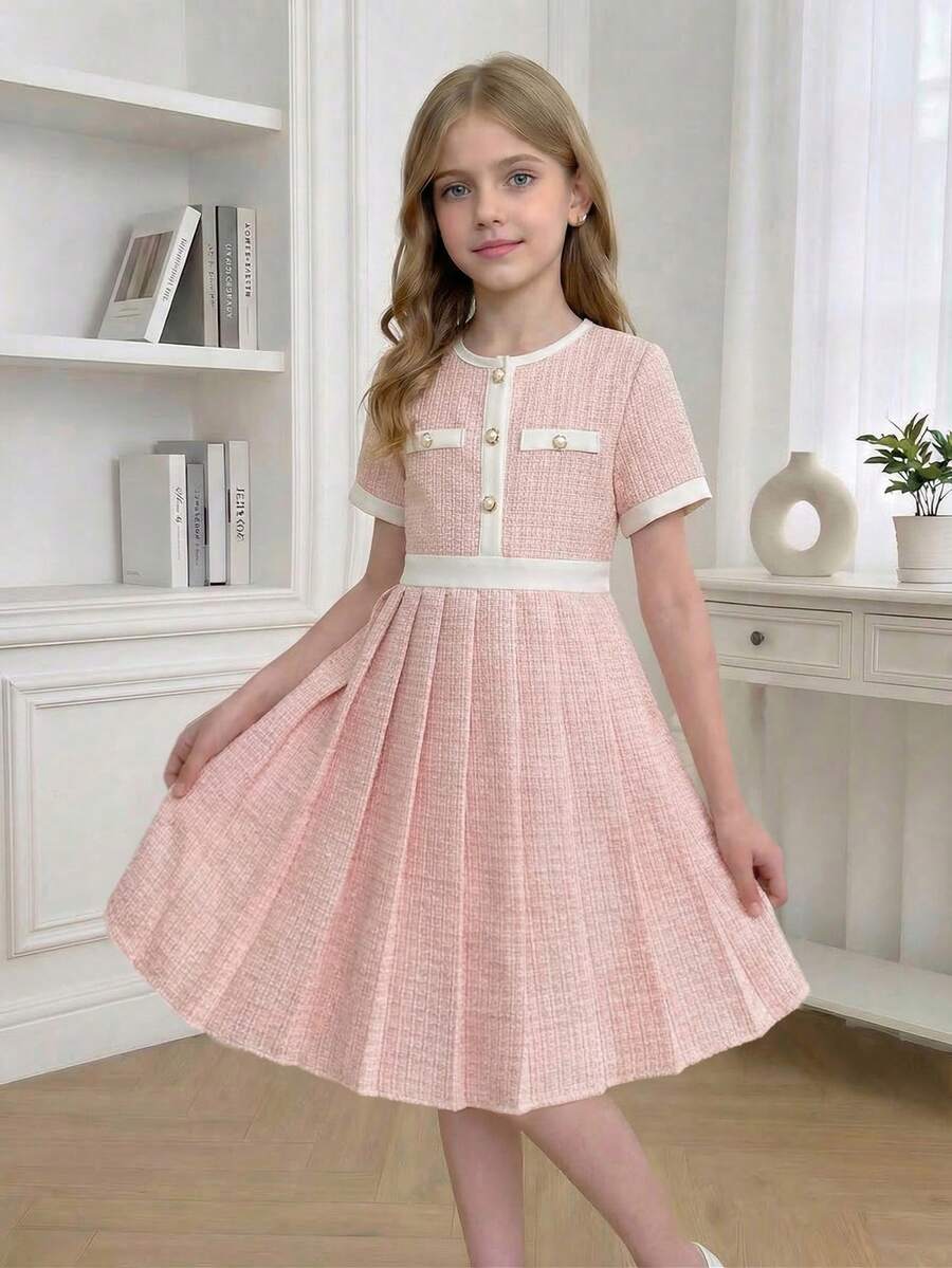 Elladie kids 1件少女夏季新款撞色滚边腰部半开领褶裥下摆圆领短袖连衣裙，百搭休闲优雅度假及工作装 - 粉色 - 查看 1