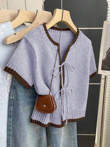 SHEIN Franclia 休闲宽松圆领短袖针织上衣，前系带设计，撞色滚边，卡其色，春夏女装；紫色开衫；薰衣草色上衣；系带针织衫；系带短袖毛衣；薰衣草色上衣；短袖开衫；女式上衣和衬衫；休闲女式上衣；最新款女式上衣；女式开衫；女式短款针织衬衫 - 淡紫色 - 查看 4