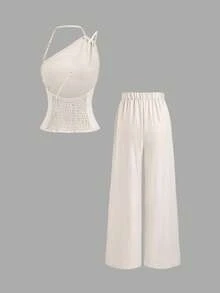 Sweetra Women's New Year Asymmetrical Beaded Halter Neck Shirred Asymmetric Shoulder Blouse And High Waist Pleated Wide Leg Pants 2 Pieces Set, Beige - Beige - View 2