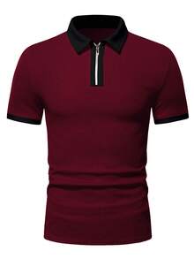Manfinity Homme 男士撞色拉链短袖休闲Polo衫 - 酒紅色 - 查看 3