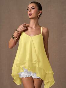 SHEIN BAE 纯粉色荷叶边无袖吊带背心，优雅甜美可爱，适合浪漫约会、派对、正式聚会、伴娘礼服、夏季荷叶边上衣、下午茶会、新年、情人节、生日等场合，粉色上衣 - 淡黃色 - 查看 5