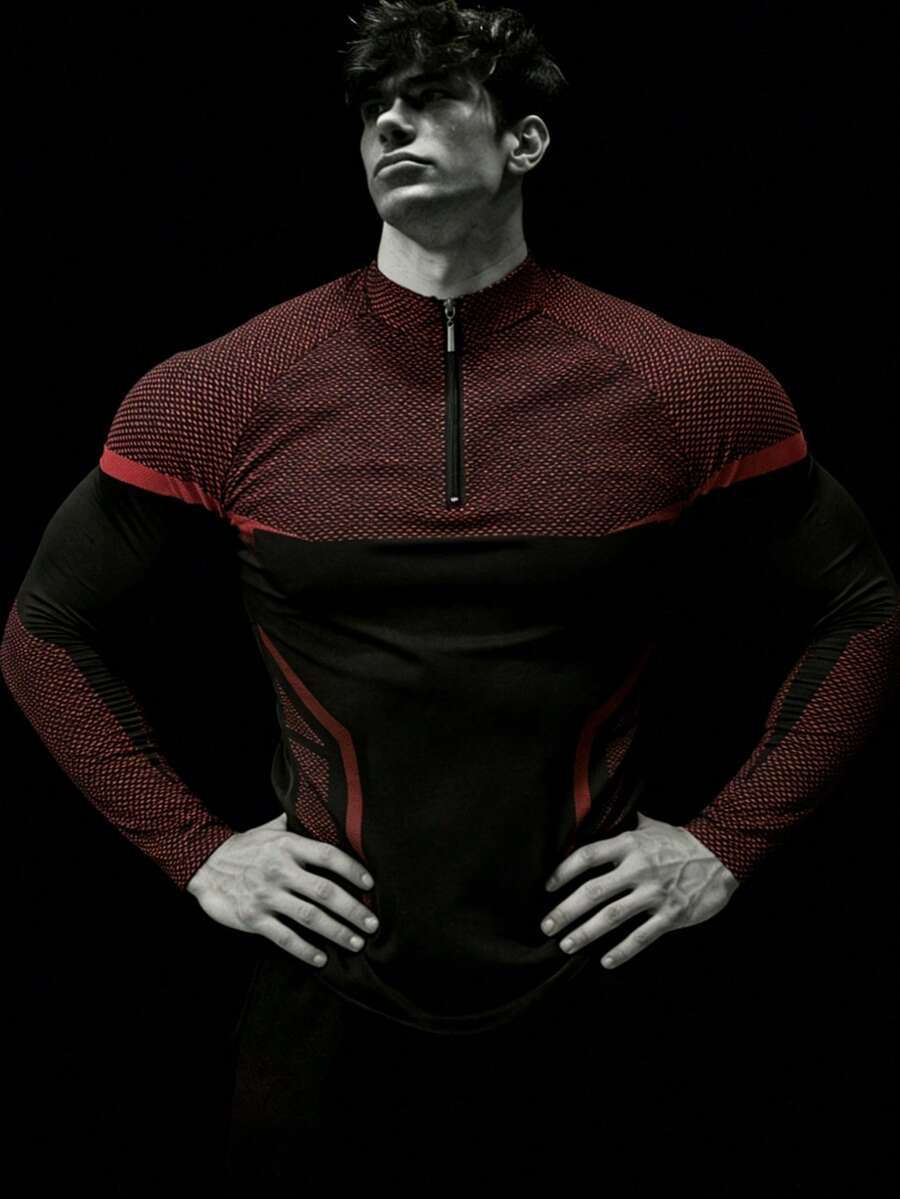 RISE LYT Men's Contrast Color Raglan Sleeve Zip-Up Half Placket Sports T-Shirt, Gym - Black - View 1