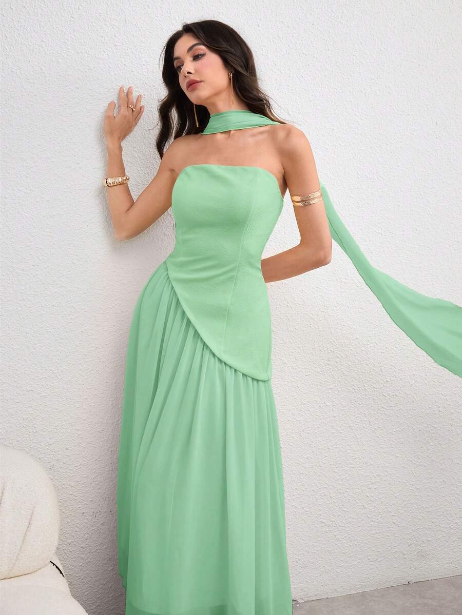 Modelyn 女款長版不對稱荷葉邊抹胸洋裝,優雅正式魅力,薄荷綠洋裝,夏季希臘風洋裝伴娘洋裝女款舞會洋裝優雅長洋裝女款洋裝晚禮服優雅洋裝婚禮正式場合特殊場合婚禮 - 綠色 - 查看 1