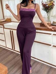 SweetSlumber Lace Patchwork Camisole And Pants Women Pajama Set - Purple - View 3