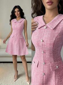Elenzga Đầm ngắn thời trang cài cúc cổ Peter Pan cho nữ, thích hợp cho hẹn hò và dự tiệc. - Màu Hồng Tươi - Xem 1