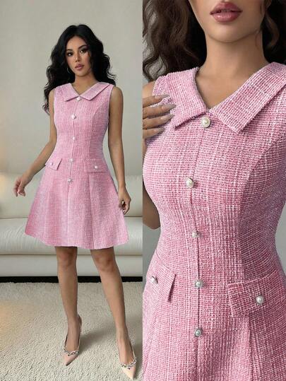 Elenzga Women's Peter Pan Collar Button Fashionable Date Party Mini Dress