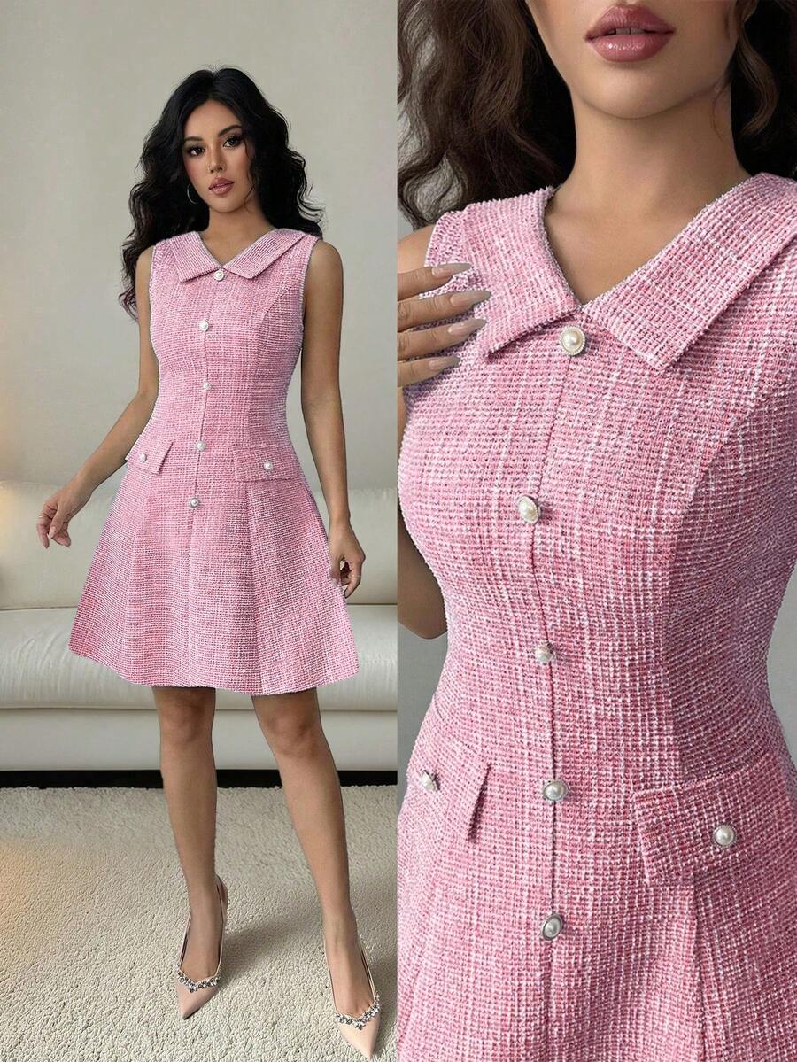 Elenzga Đầm ngắn thời trang cài cúc cổ Peter Pan cho nữ, thích hợp cho hẹn hò và dự tiệc. - Màu Hồng Tươi - Xem 1