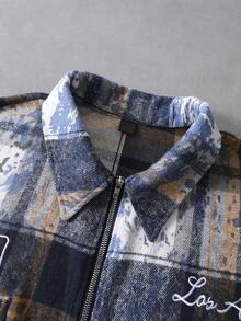 Manfinity Roghcode Vintage Distressed Plaid Shirt For Men,Boxy Zip-Front Short Sleeve Shirt,Utility Pockets,Retro Workwear,Navy Blue,Summer,Streetwear,City Break,Woven - Blue - View 5