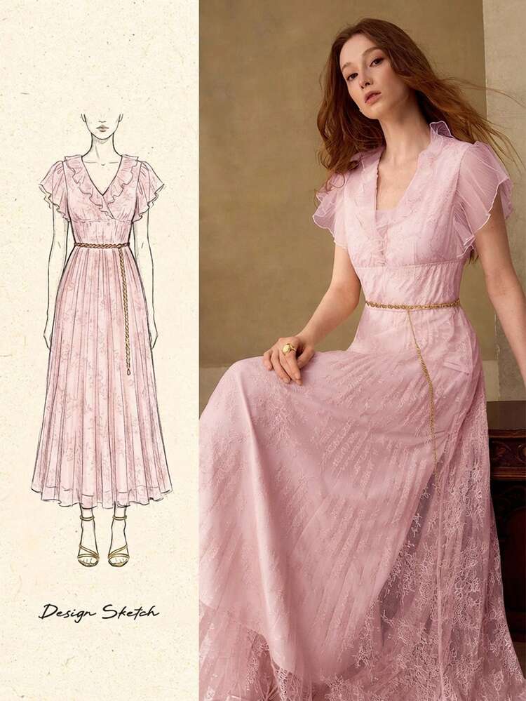 WOMEN'S V-NECK LONG SLEEVE PLEATED DRESS, SPRING/SUMMER