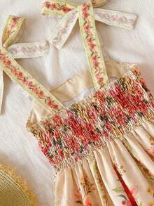 少女碎花吊带连衣裙，优雅度假风连衣裙，荷叶边下摆和蝴蝶结肩带，A字廓形，适合外出、度假和上学，春夏款 - 彩色 - 查看 4