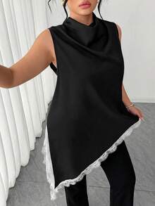 Elenzga Plus Size Women's Sleeveless Shirt With Lace Hem,Elegant Office Summer Long Blouse,Vintage Black And White Filipiana Dress Style Outfit For Events - Black and White - View 4