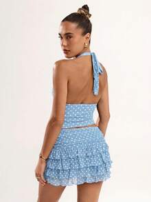 SHEIN BAE 女士性感波点印花露背吊带上衣，夏季 - 淺藍色 - 查看 2