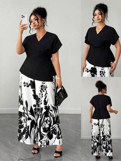 Elenzga 2pcs Plus Size Women's Elegant Solid V-Neck Batwing Blouse And Long Floral Print Wide Leg Pants Set, Suitable For Casual, Work, And Dating