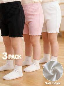 Conjunto de 3 calças curtas infantis femininas, estilo Y2K, básicas e casuais, em malha canelada, nas cores preto, rosa e branco, modelagem slim, elásticas e macias. Perfeitas para férias de verão, praia e primavera. - Multicolorido - Ver 10