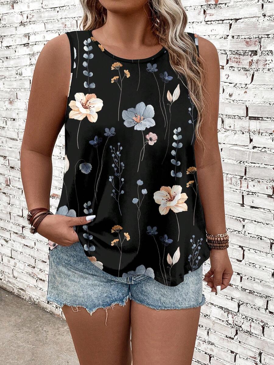 EMERY ROSE Plus Size Women Floral Print Casual Round Neck Tank Top - Black - View 1
