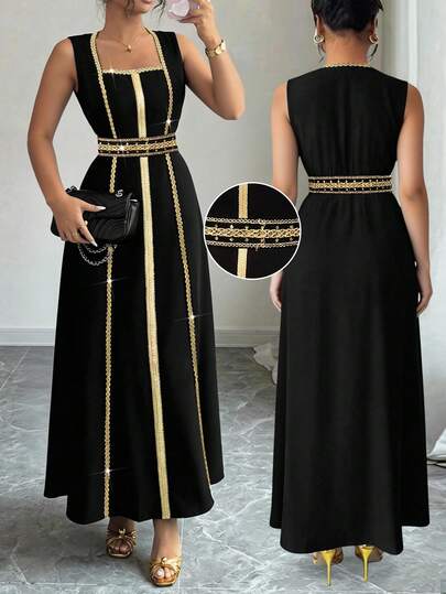 Elenzga Plus Size Color Block Square Neck Wide Strap Waist Elegant Summer Dress