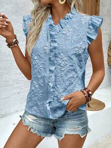 SHEIN LUNE Áo kiểu nữ màu mơ, tay bồng, thắt nơ, thích hợp mặc đi nghỉ mát hoặc mặc hàng ngày. - Màu xanh nhạt - Xem 3