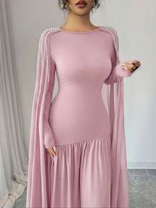 Modelyn Elegant Oval Collar Beaded Long Sleeve Coffee Color Dress For Women, Winter - Pink - View 7