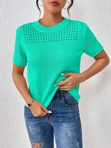 EMERY ROSE Atasan Rajut Lengan Pendek Warna Polos Leher Bulat untuk Wanita, Cocok untuk Musim Panas, Pakaian Tahun Baru, Kencan, Warna Hijau Zamrud, Kasual - Mint Green - View 6