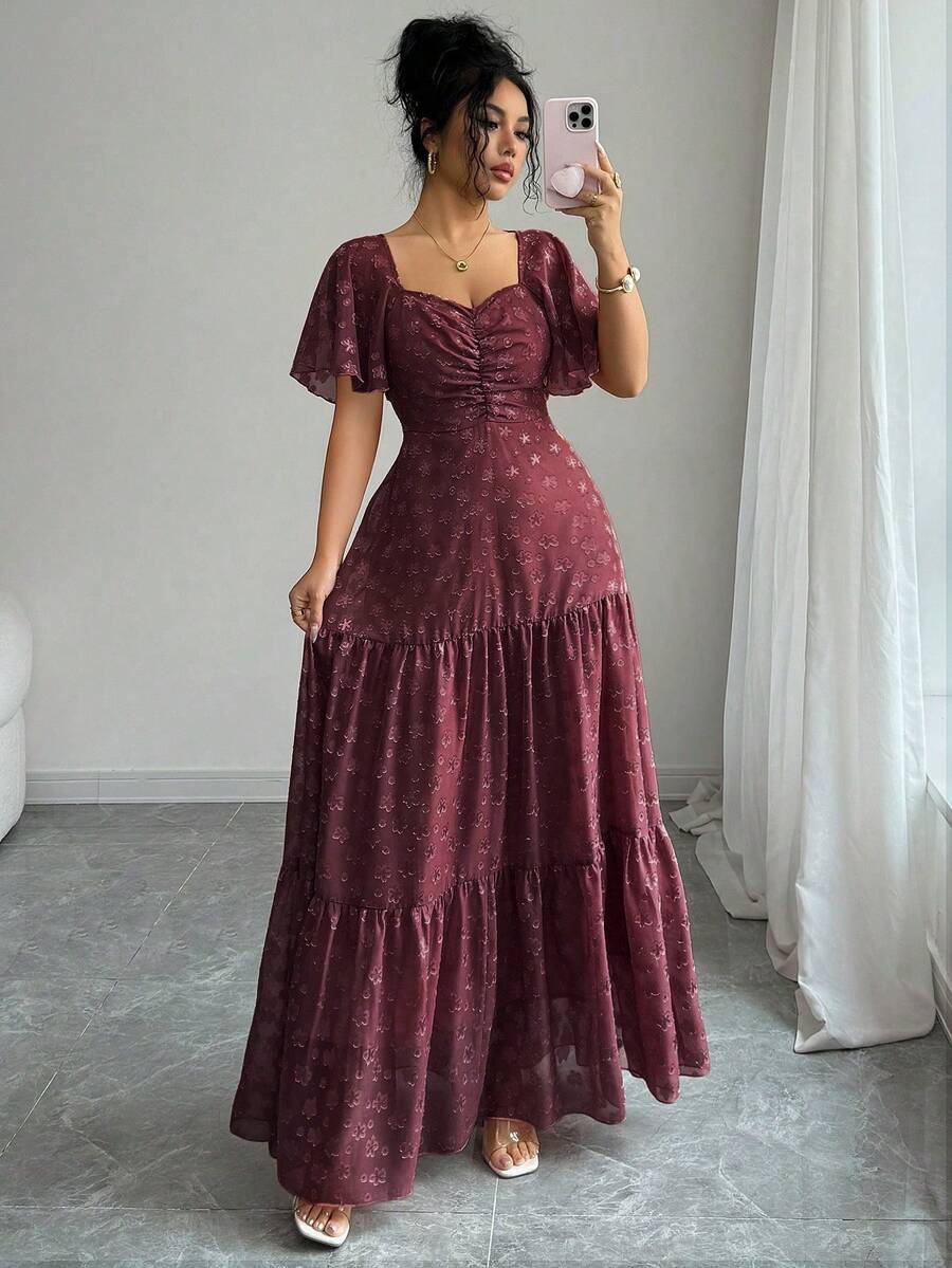 Modelyn Đầm chiffon jacquard cổ vuông, viền bèo nhún dành cho nữ, phong cách Pháp lãng mạn, thanh lịch. - Đỏ - Xem 1