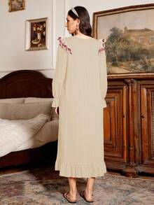 PalaceNights Women's Colorblock Floral Embroidery Ruffle Hem Long Sleeve Nightgown, Vacation Style - Apricot - View 2