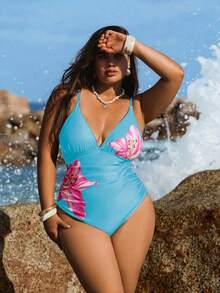 Swim Vcay Plus Size Women One-Piece Printed Slimming Tummy Control Swimsuit - Baby Blue - View 5