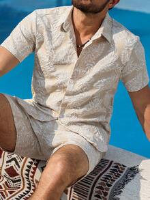 VENTUSAIL Men's 2 Pieces Set Beige,Summer,Boho,Vacation,Holiday Tropical Leaf Pattern Short Sleeve Button Down Shirt & Shorts,Casual Beach Resort Wear Outfit - Khaki - View 8