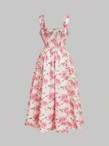 SHEIN MOD 夏季吊带浪漫印花连衣裙，胸部褶皱设计，蕾丝拼接中长裙，浪漫，度假，乡村，花园，下午茶 - 粉色 - 查看 4