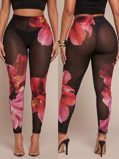 Radiana Sexy Cute Distinctive Sheer Mesh Printed Leggings, Floral Print Leggings, Skinny Pants, Casual Pants, Beach Pants, High Elastic Mesh Fabric, Fitted To Body Curves, Suitable For Casual Outings, Island Vacations, Beach, Holidays, Nights Out, Dates, Gatherings, Parties, Clubs, Cocktail Events, Celebrations, Music Festivals, Concerts, Holidays