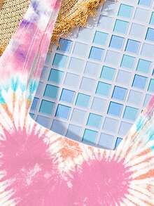 SHEIN Bộ áo tắm tankini in họa tiết tie-dye dáng rộng cho bé gái tuổi teen, thích hợp cho mùa hè. - Nhiều màu - Xem 3