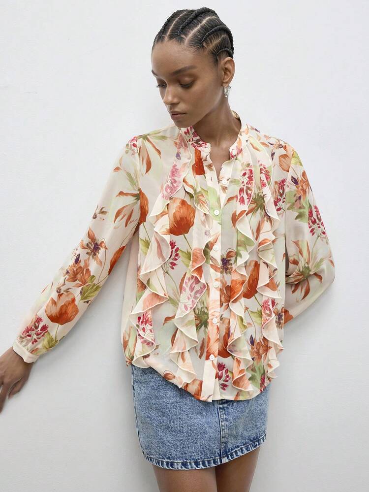 SHEIN Maija Outfit Deas For Blouse,Women's Elegant Commuter Floral Print Ruffle Hem Blouse,Floral Blouse,Ruffle Blouse,Festival Outfits For Women,Vacation Outfits For Women,Summer Outfits For Women Flower Shirt Floral Shirt Spring Blouse Spring Tops Blouse Women's Tops And Blouses Floral Blouse For Women Chiffon Blouse