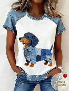 EMERY ROSE Plus Size Colorblock Round Neck Short Sleeve Dachshund Graphic Casual T-Shirt, Summer - Multicolor - View 1