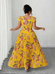 Elenzga Plus Size Women's Vintage French Style Versatile Vacation Date Ruched Waist Slimming Floral Print Ruffle Sleeve Square Neck Maxi Dress - Yellow - View 2